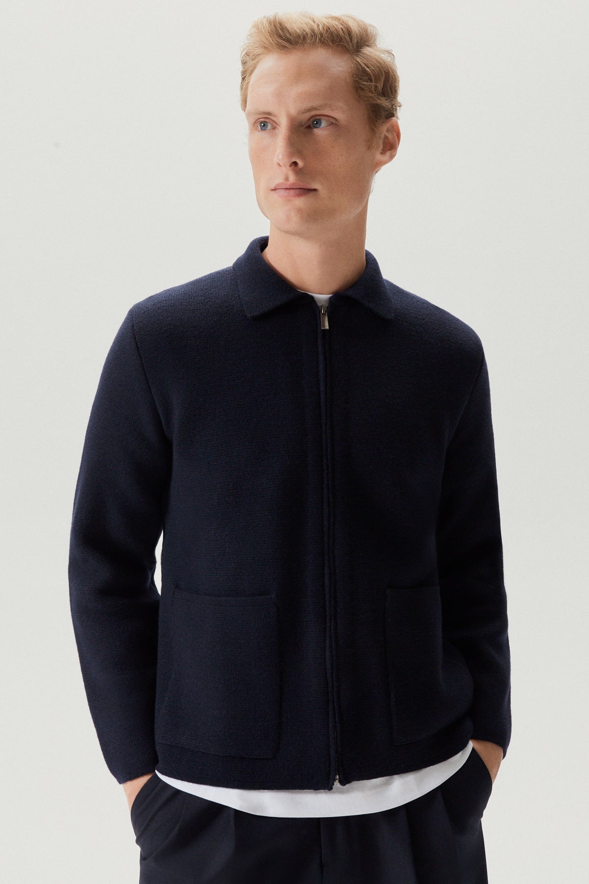 the aviator knit jacket oxford blue