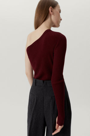 the merino wool one shoulder top ruby red