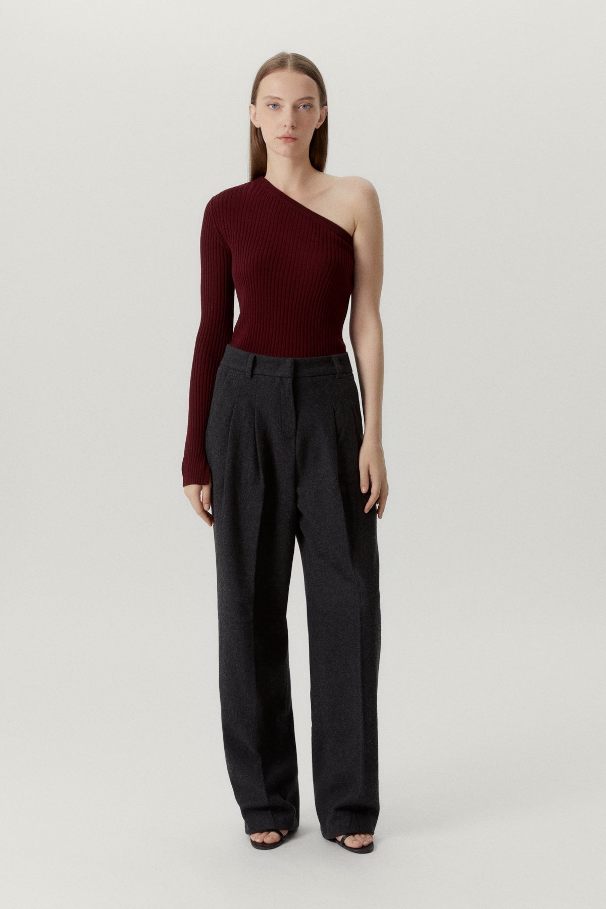 the merino wool one shoulder top ruby red