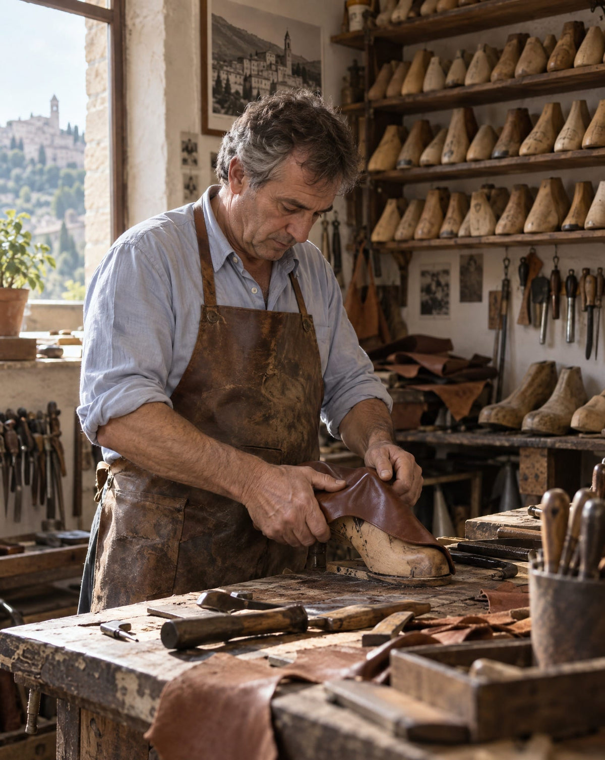 Shoemaker shaping a leather upper over a wooden last