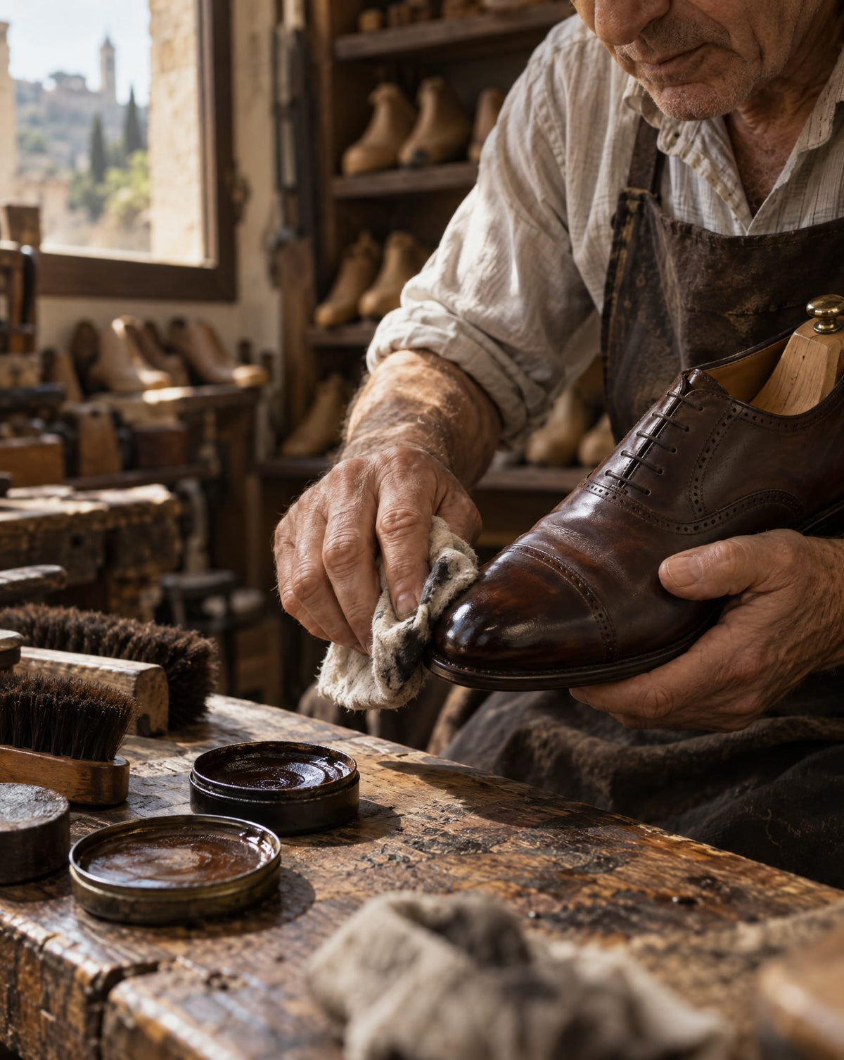 Hands burnishing the toe of a leather dress shoe at a workbench
